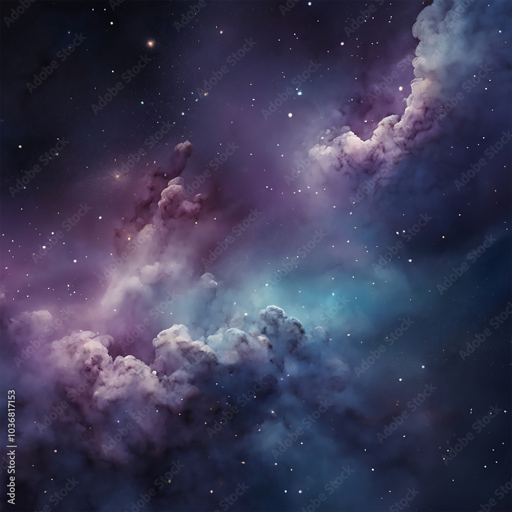 Galaxy-Inspired Dust Clouds: Dreamy Cosmic Abstract Background with Dark Blues, Purples, and Glowing Stars
