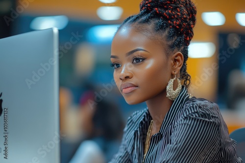 Young professional working on desktop computer in office