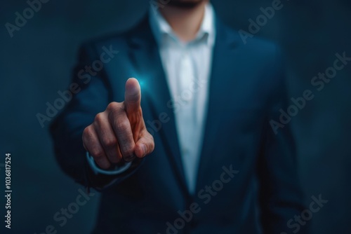 Businessman in dark suit pointing finger forward in a conceptual business technology setting, highlighting digital connections.