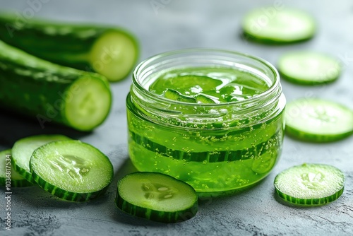 Jar containing soothing cucumber gel surrounded by fresh cucumbers photo