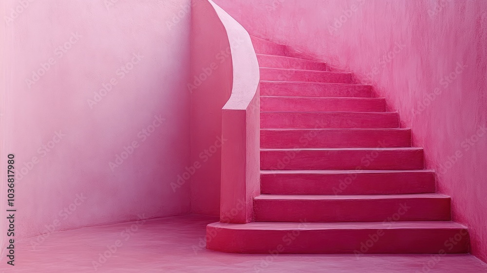 Naklejka premium Curved pink staircase in a minimalist space.
