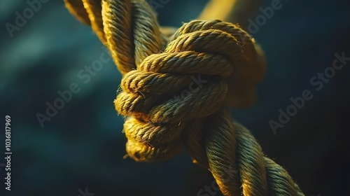 Complex web of interconnected ropes symbolizing intricate business relationships and antitrust challenges, with a focused foreground rope representing the effort to break monopolies. photo