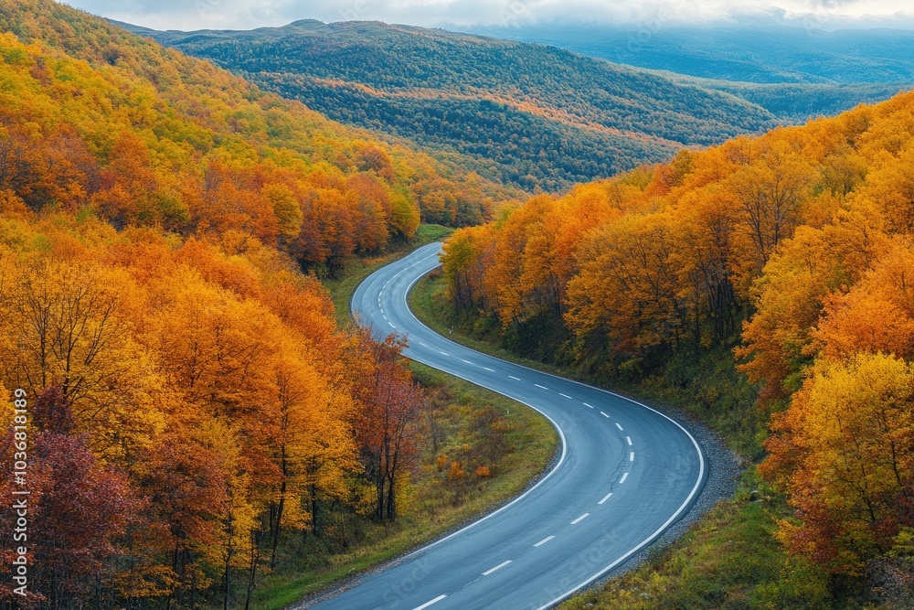 Winding asphalt road running through mountain pass covered with colorful autumn forest Winding asphalt road running through mountain pass covered with colorful autumn forest