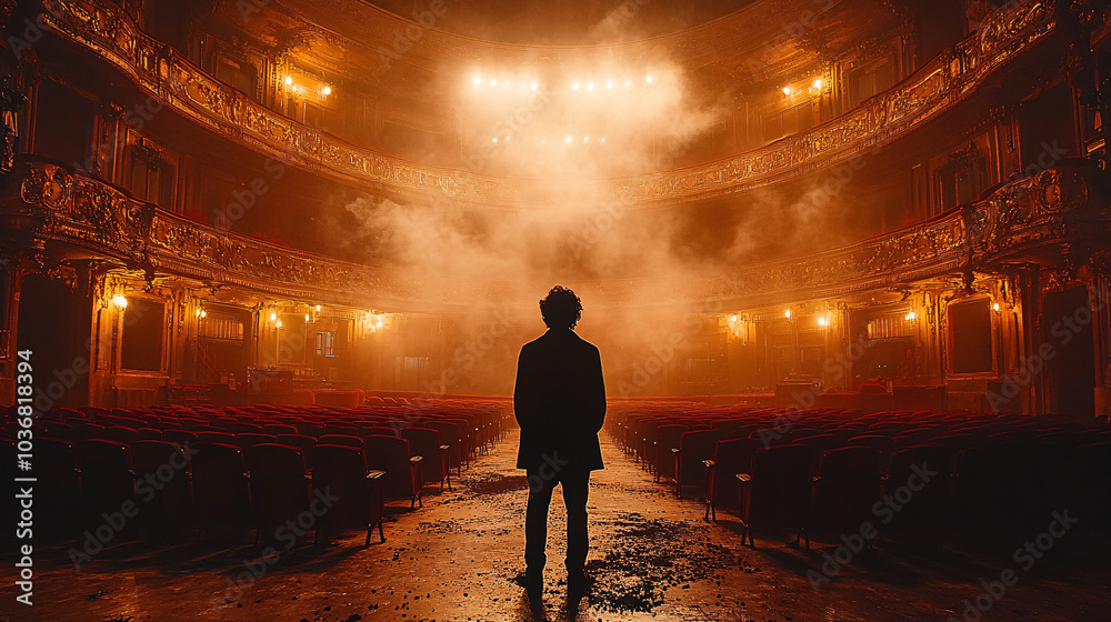 Silhouette of Man Standing in Empty Theater with Smoke and Lights