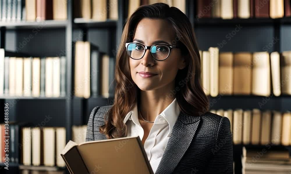 Female librarian in a library. Female librarian in a library.