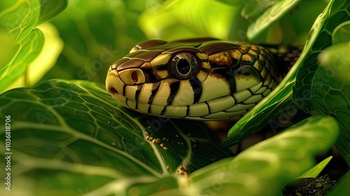 an African diamondback snake peeking out from behind green leaves photo