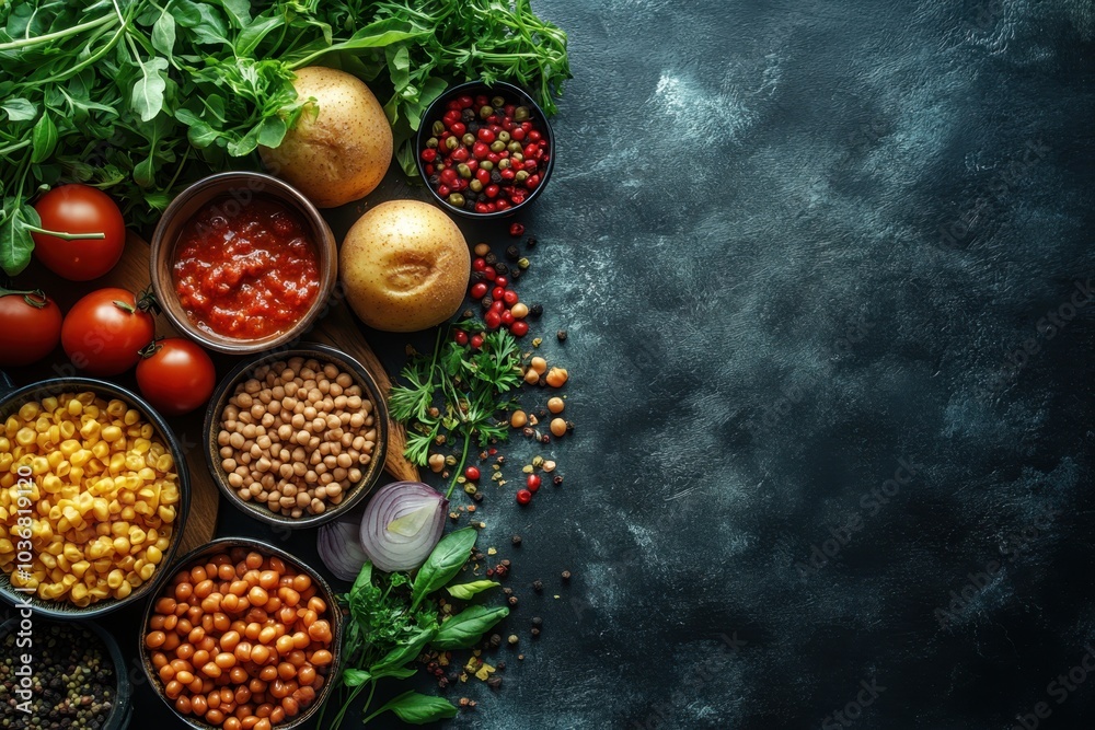 Fresh vegetables and legumes on a dark tabletop ready for culinary preparation in a rustic kitchen setting Fresh vegetables and legumes on a dark tabletop ready for culinary preparation in a rustic kitchen setting