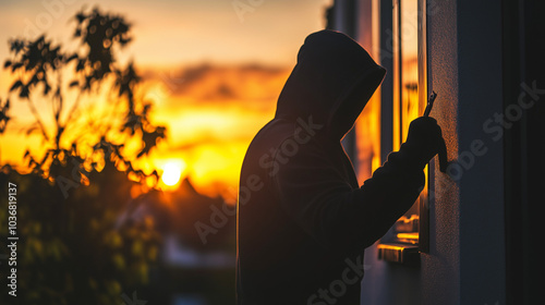 Silhouette of a Hooded Burglar Breaking into a House at Dusk