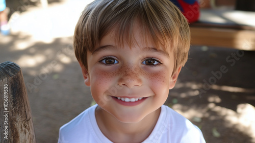 5-Year-Old Boy in Red Shorts and White Shirt at Kindergarten photo