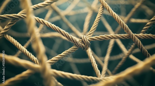 Complex web of interconnected ropes symbolizing intricate business relationships and antitrust challenges, with a focused foreground rope representing the effort to break monopolies.
