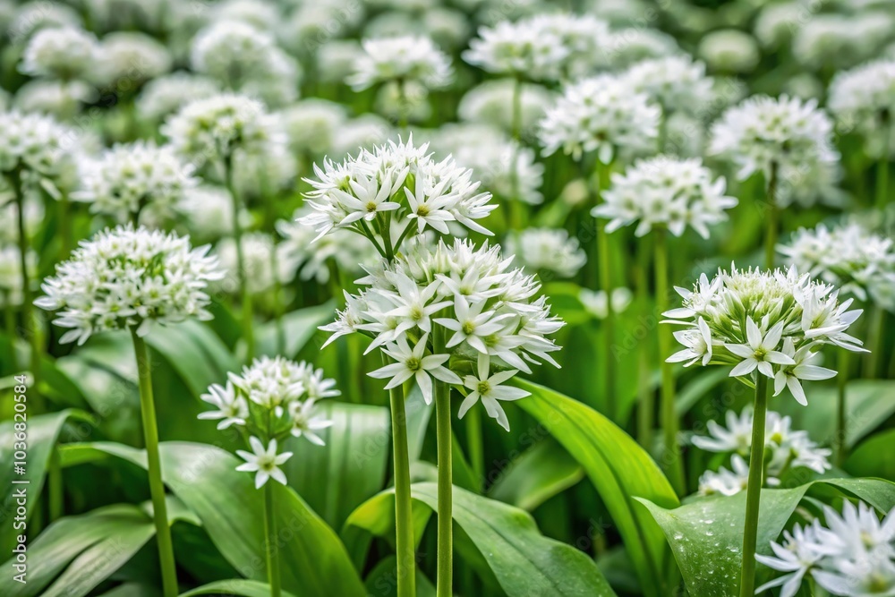 Symmetrical arrangement of blooming wild garlic plants in a garden
