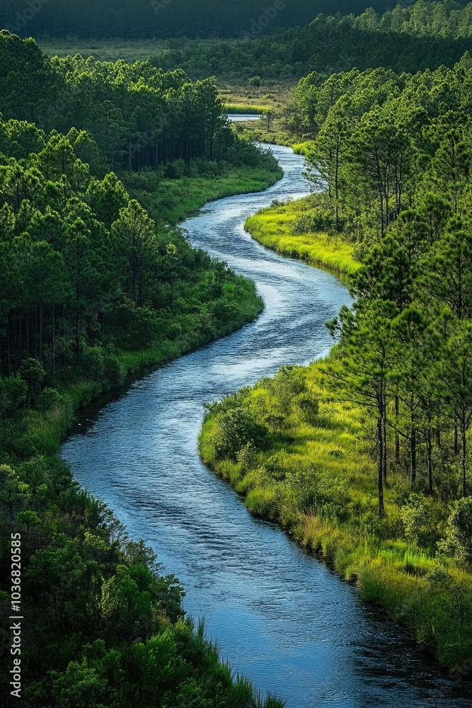 Winding river flowing through lush green forest landscape Winding river flowing through lush green forest landscape