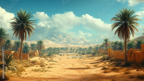 Desert landscape with palm trees and mountains.