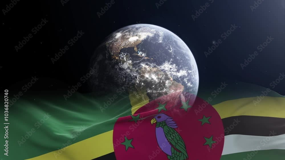 Dominica flag - 3D realistic waving flag on Earth globe Dominica flag - 3D realistic waving flag on Earth globe
