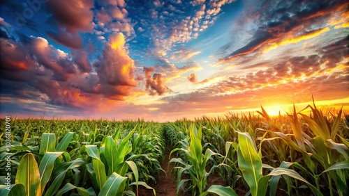 Vibrant sky and clouds over a corn field during sunset