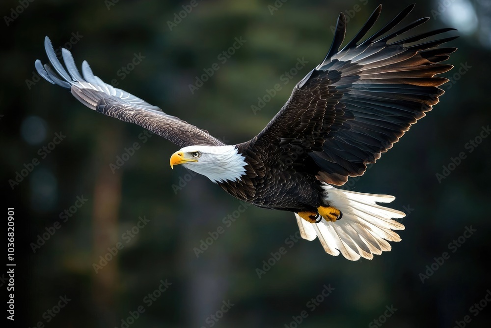 Obraz premium Majestic bald eagle soaring in flight over forest