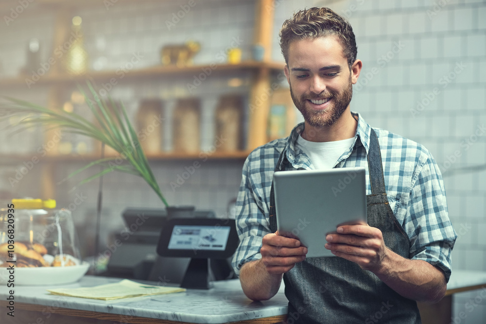 Tablet, man and portrait of barista in coffee shop for online menu update or stock control. Serving industry, cafe and male waiter with digital technology for inventory report in restaurant. Tablet, man and portrait of barista in coffee shop for online menu update or stock control. Serving industry, cafe and male waiter with digital technology for inventory report in restaurant.