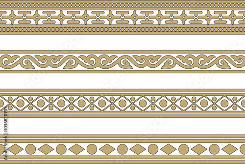 Vector endless gold and black ancient Russian ornament. Seamless Slavic border, frame. Painting of the royal chambers