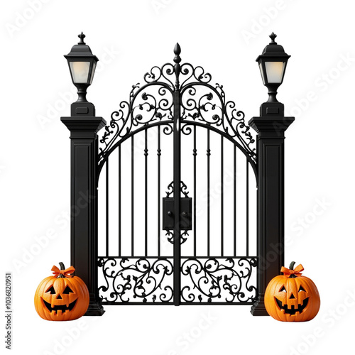 Ornate Black Iron Gate with Halloween Pumpkins on Each Side. photo