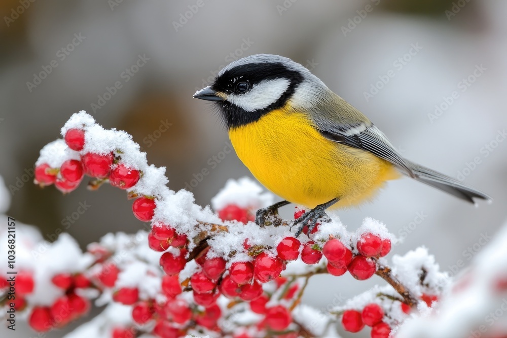 Great tit perching on snow covered branch with red berries in winter