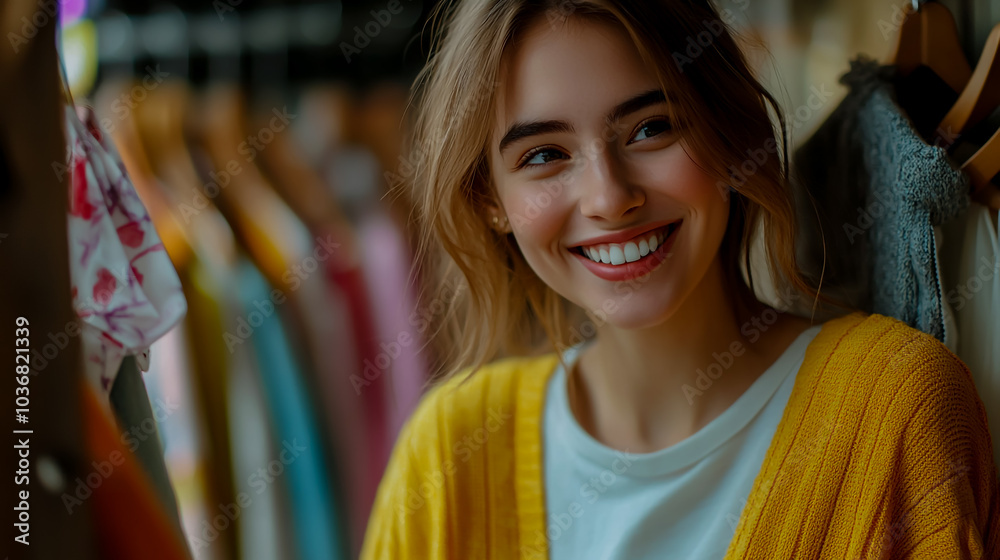 Close-up portrait of a happy young woman looking at on a hanger in a fashion store. Close-up portrait of a happy young woman looking at on a hanger in a fashion store.