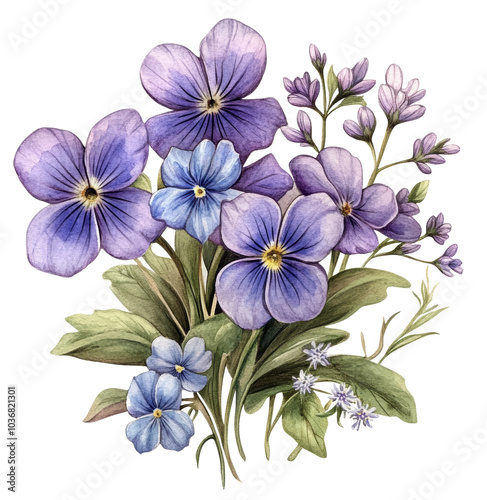 Fototapeta Naklejka Na Ścianę i Meble -  A bouquet of purple flowers with green leaves. The arrangement is full and vibrant, with a sense of freshness and life