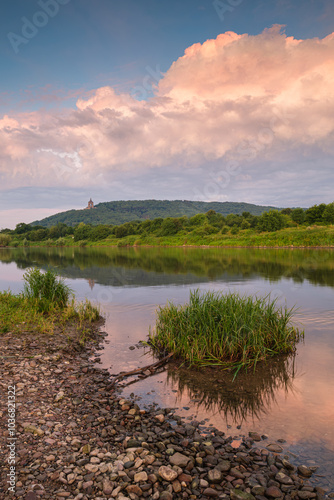 Morgens an der Weser mit Blick auf Kaiser Wilhelm Denkmal und dramatischen Wolken über der Porta Westfalica photo