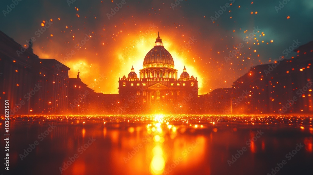 Obraz premium Dramatic scene of a cathedral engulfed in flames.