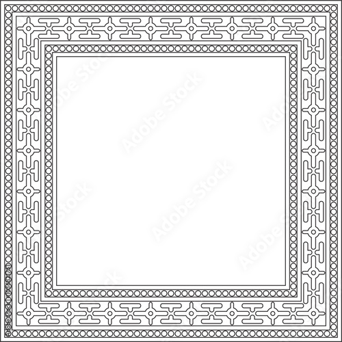 Vector square black contour ancient Russian ornament. Slavic rectangle, border, frame. Painting of the royal chambers
