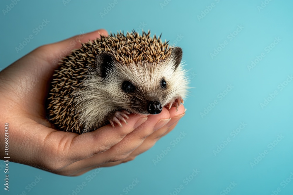 Fototapeta premium A person cradling a tiny hedgehog in their hands, highlighting the unique bond between humans and animals