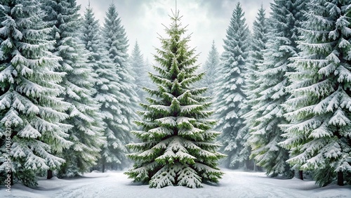 Symmetrical snowy fir tree in winter forest background