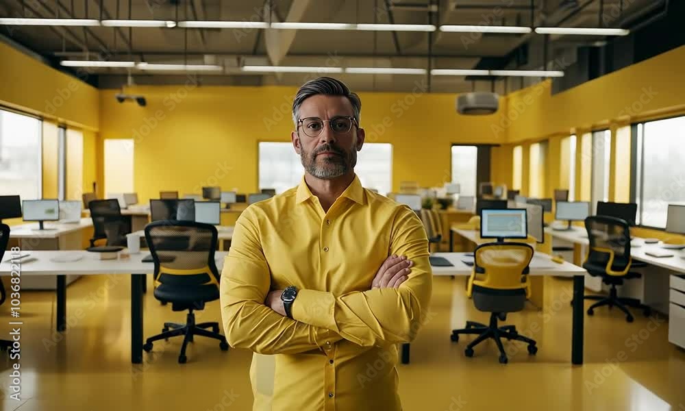 Man in a yellow suit in a yellow office. Man in a yellow suit in a yellow office.