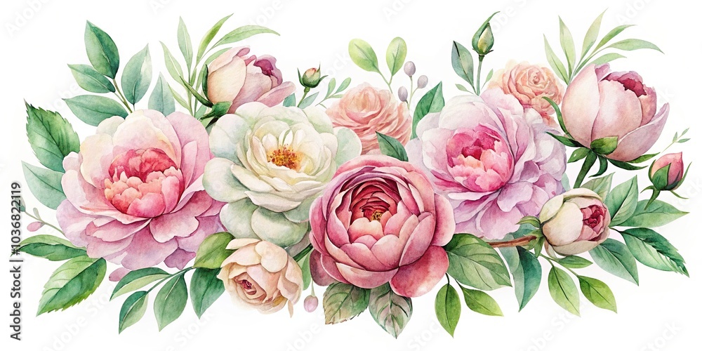Watercolor painting of elegant rose and peony flowers in aerial view Watercolor painting of elegant rose and peony flowers in aerial view