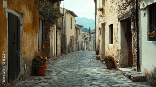 Fototapeta Naklejka Na Ścianę i Meble -  A small street with potted plants, perfect for use in travel or cityscape scenes