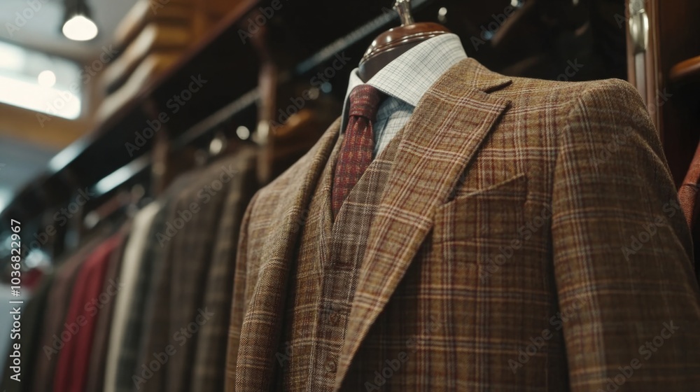 A suit hangs on a rack in a store waiting to be tried on or purchased A suit hangs on a rack in a store waiting to be tried on or purchased