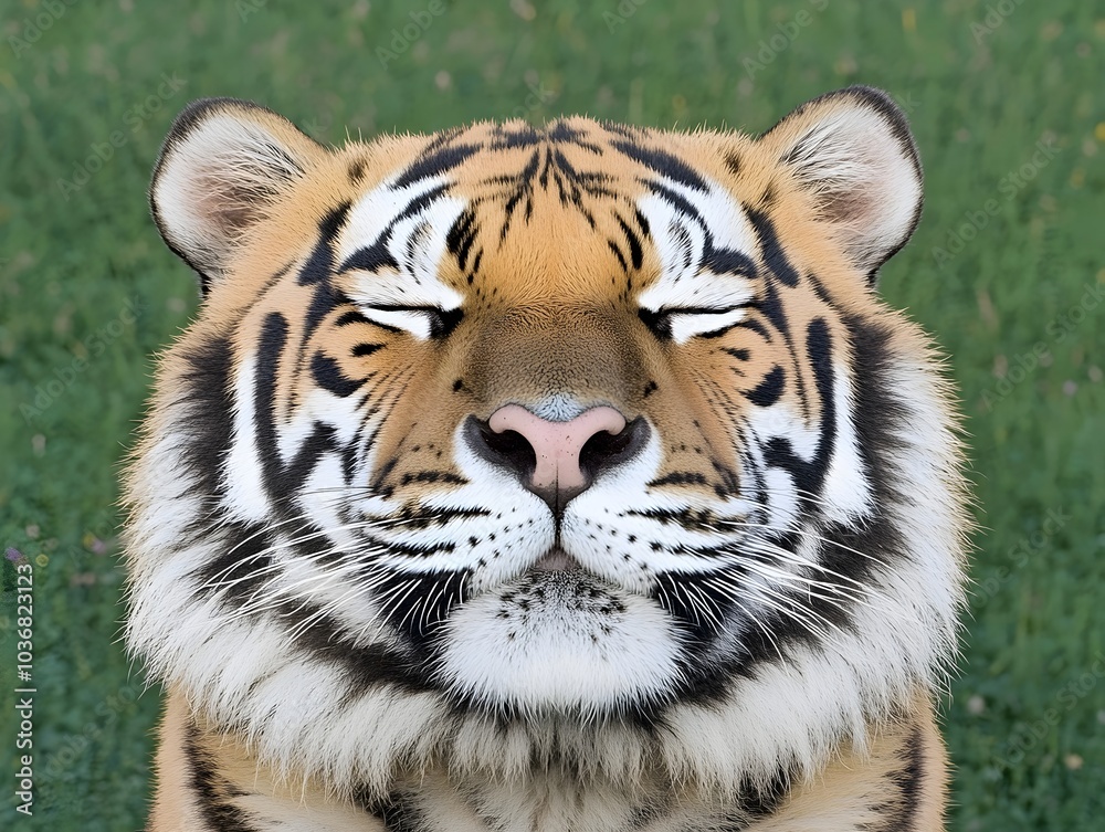 Obraz premium Close-up of a tranquil Bengal tiger with eyes gently closed, showcasing its striking orange and black stripes against a lush green background.