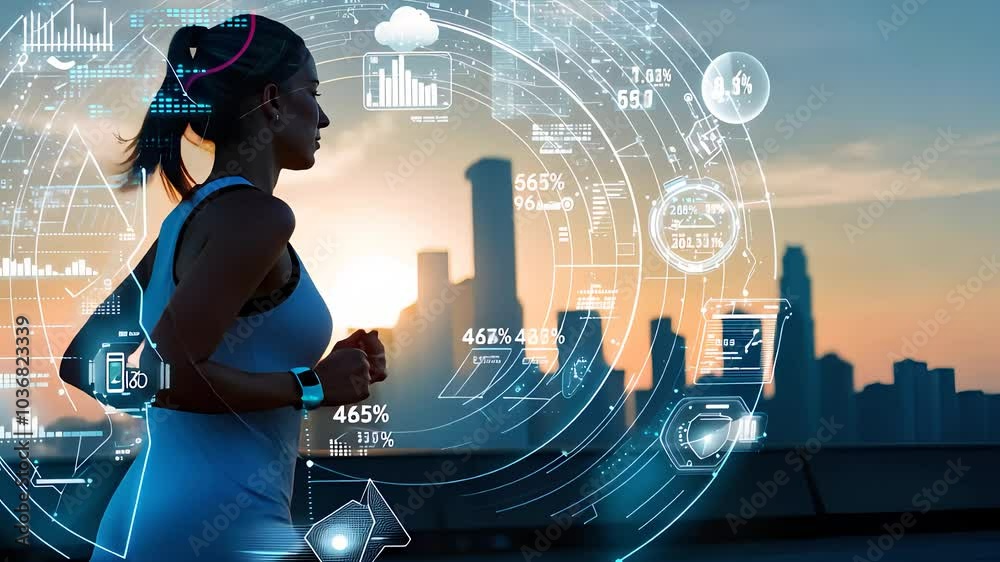Woman Jogging with Futuristic Fitness Data Hologram Overlay in City

