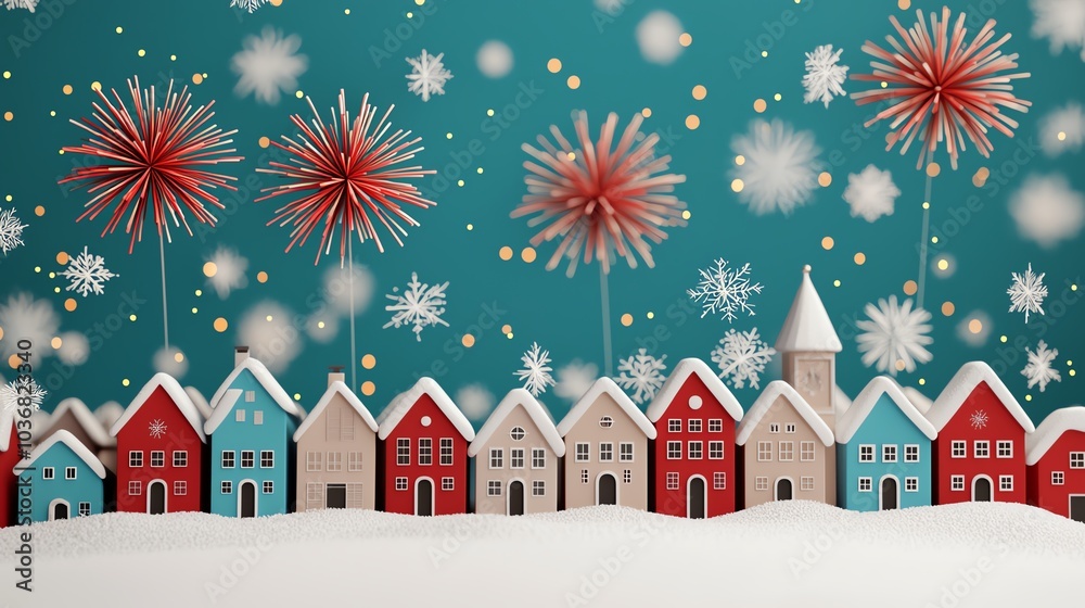 Fireworks in red, white, and blue above snowy Christmas town, 3D illustration Fireworks in red, white, and blue above snowy Christmas town, 3D illustration