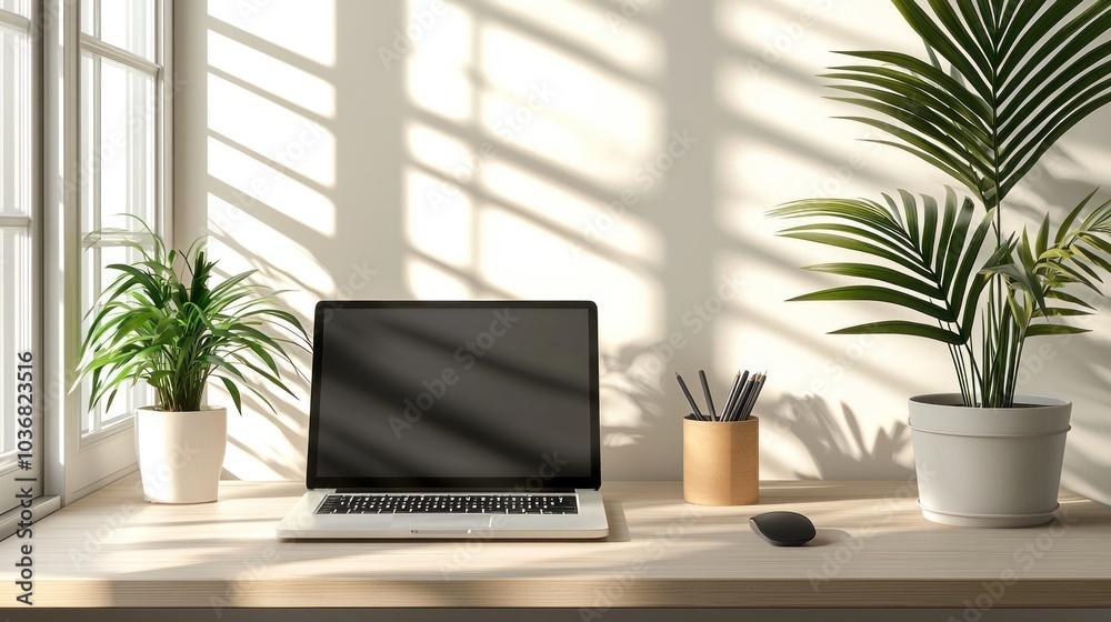 A laptop sits on a desk next to a potted plant A laptop sits on a desk next to a potted plant