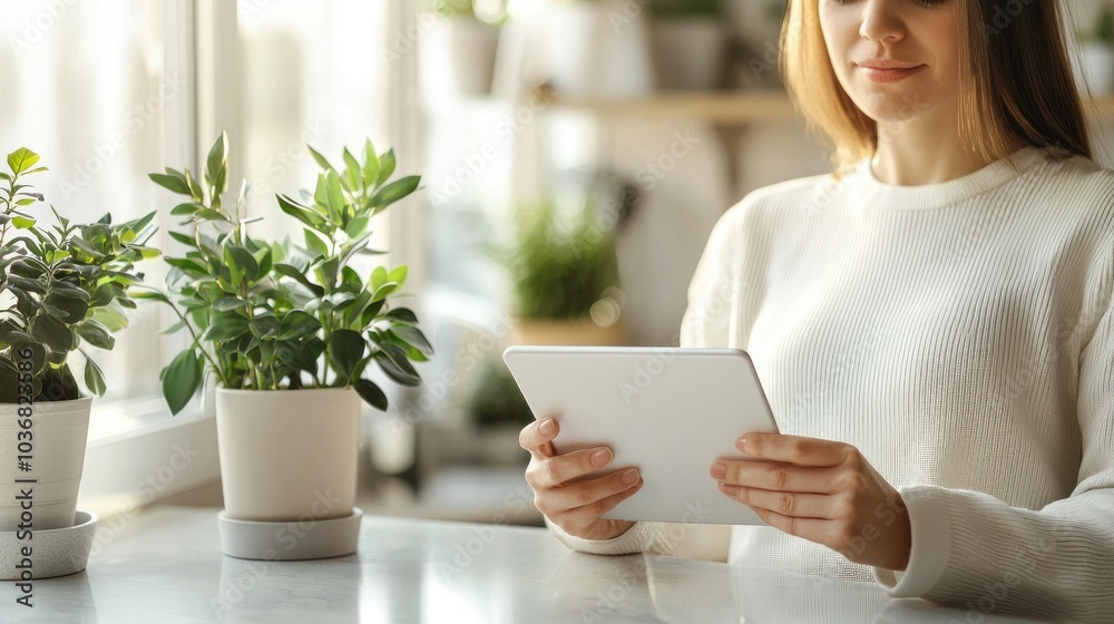 A woman is sitting at a table with a tablet in her hand A woman is sitting at a table with a tablet in her hand