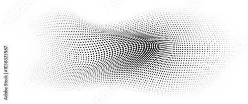 Flowing Wave Dot Halftone Pattern: Curve Gradient Shape on Transparent Background. Suitable for AI, Tech, Network, Digital, Science, and Technology Themes.