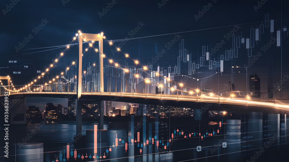 Obraz premium A bridge made of glowing lines, spanning over financial charts, representing connecting investments to results. 