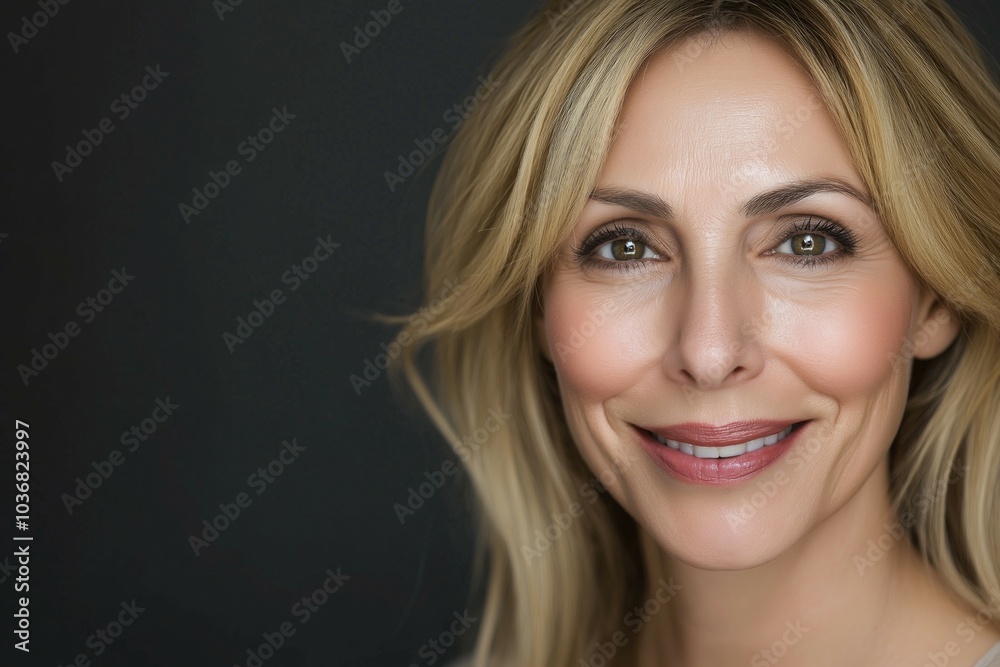 A close-up of a beautiful middle-aged woman smiling confidently against a dark background. A close-up of a beautiful middle-aged woman smiling confidently against a dark background.