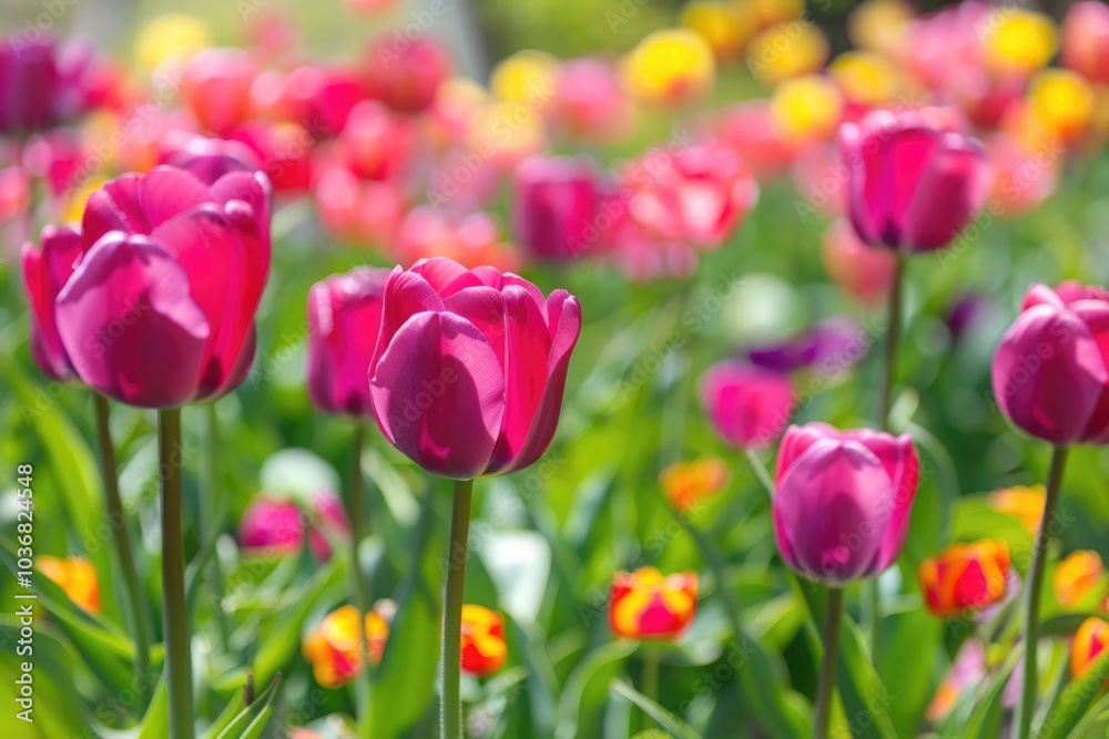 A vibrant field filled with pink and yellow tulips, great for spring or nature-themed designs A vibrant field filled with pink and yellow tulips, great for spring or nature-themed designs