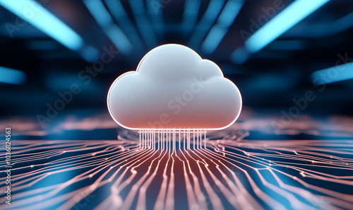 A 3D representation of a cloud computing concept featuring a cloud icon against an abstract technical background.
