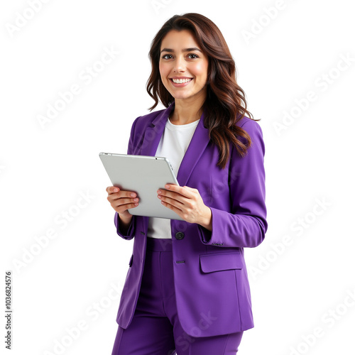 Professional Businesswoman Holding Tablet in Stylish Purple Suit.