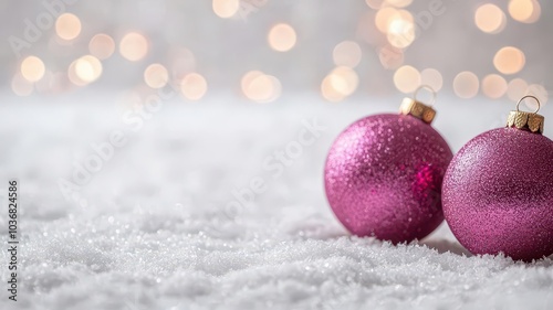 Sparkling pink ornaments resting on a snowy surface, creating a festive atmosphere with soft bokeh lights in the background.