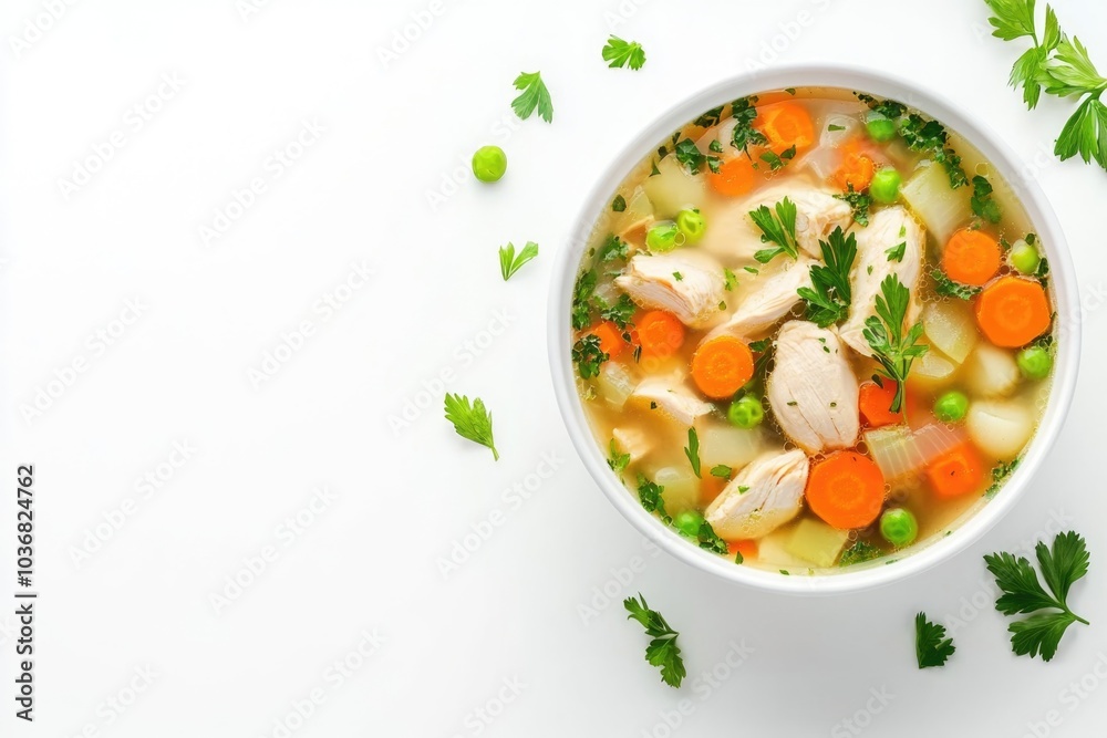 A warm and comforting bowl of chicken and vegetable soup garnished with fresh parsley A warm and comforting bowl of chicken and vegetable soup garnished with fresh parsley