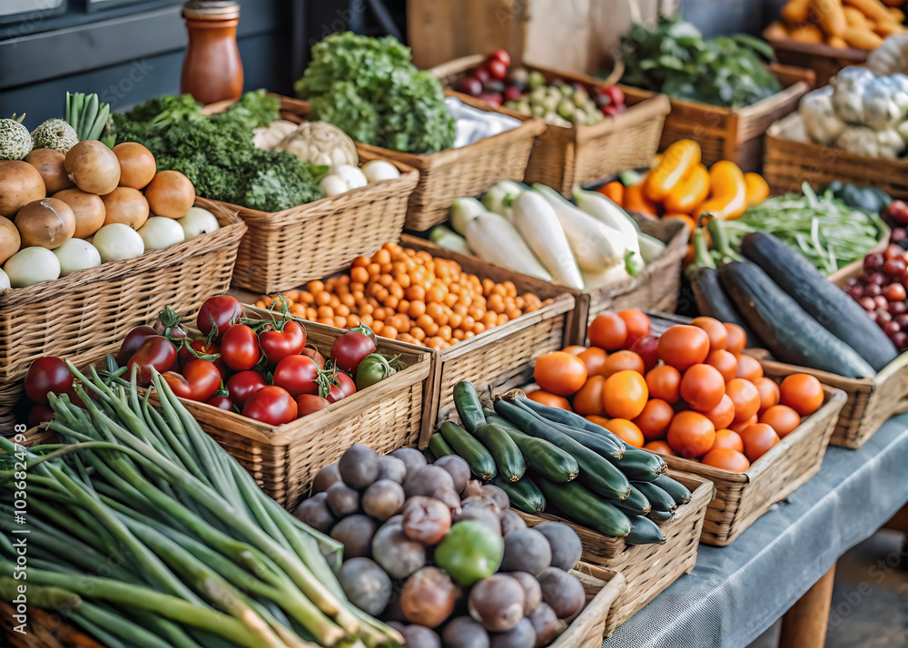 Vibrant Produce: A Colorful Display of Fruits and Vegetables at the Market. Vibrant Produce: A Colorful Display of Fruits and Vegetables at the Market.