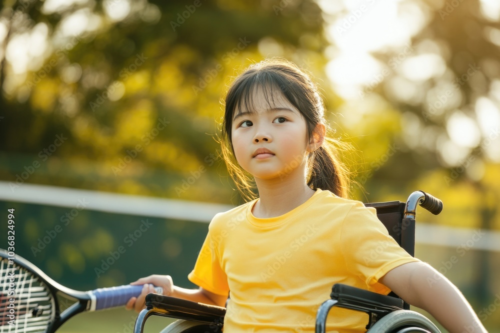 Fototapeta premium A young girl in a wheelchair holding a tennis racket, great for sports or disability awareness themed images